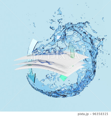 3d ventilate shows water splash transparent for diapers, synthetic fiber hair absorbent layer with sanitary napkin, baby diaper adult concept, 3d render illustration 96358315