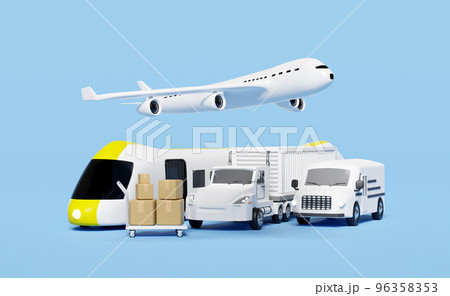 land transport concept, 3d worldwide shipping with truck delivery van, plane, sky train transport isolated on blue background. service, transportation, air cargo trucking, railway shipping, 3d render land transport concept, 3d worldwide shipping with truck delivery van, plane, sky train transport isolated on blue background. service, transportation, air cargo trucking, railway shipping, 3d render 96358353