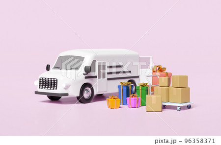 3d white delivery van, truck with gift box, packaging, goods cardboard box, platform trolley isolated on pink background. service, transportation, shipping concept, 3d render illustration 96358371