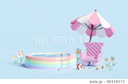 3d inflatable pool with sofa chair, umbrella, beach ball isolated on blue background. summer decorate concept, 3d render illustration 96358372