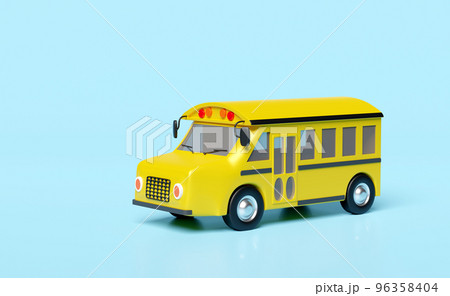 3d yellow school bus cartoon sign icon, vehicle for transporting students isolated on blue background. back to school, 3d render illustration 96358404