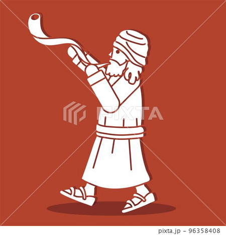 Jewish Blowing the Shofar Kudu Horn Cartoon Graphic Vector 96358408