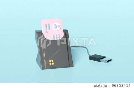 3d smart card reader, external USB card reader, Id card icon isolated on blue background. 3d render illustration 96358414