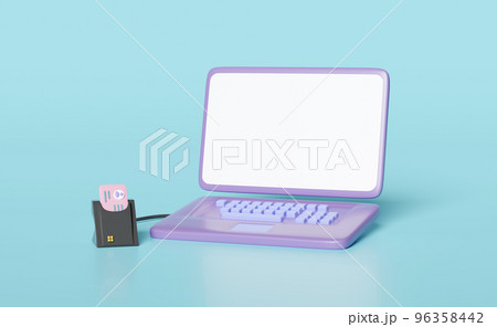 3d purple laptop computer with smart card reader, external USB card reader, Id card icon isolated on blue background. 3d render illustration 3d purple laptop computer with smart card reader, external USB card reader, Id card icon isolated on blue background. 3d render illustration 96358442
