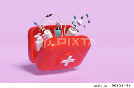 3d red first aid kit open icon isolated on pink background. 3d render illustration 3d red first aid kit open icon isolated on pink background. 3d render illustration 96358448