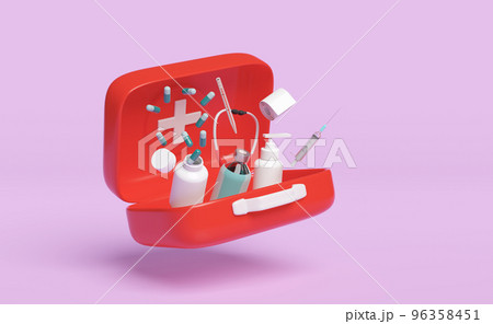 3d render illustration, 3d red first aid kit open icon isolated on pink background. 96358451