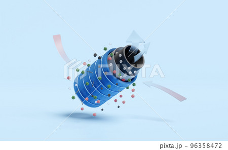 3d 3-layer round air filter for filtering dust, PM.5, virus, odor, arrow air flows shows, prevents vapors and odors from chemicals, virus, allergen, 3d render illustration, isolated on blue background 96358472
