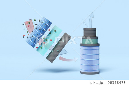 3d air flows shows, prevents vapors and odors from chemicals, 3-layer round air filter for filtering dust, PM.5, virus, odor, arrow virus, allergen, 3d render illustration, isolated on blue background 96358473