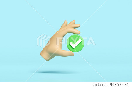3d hand holding green check marks, tick marks symbols icon isolated on blue background. concept 3d render illustration 96358474