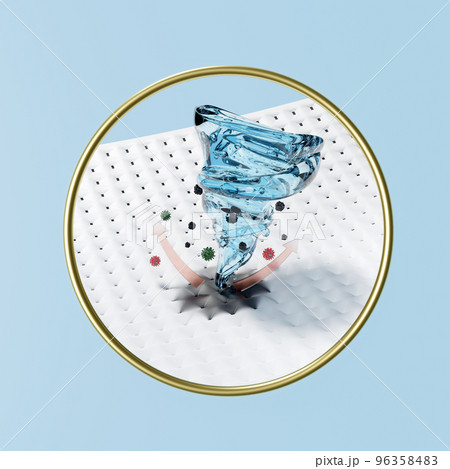 Show washing with a whirlpool, vortex, water rotating on the fabric fiber surface, 3d advertising illustration clean with washing powder, liquid detergent, 3d render, isolated on blue background Show washing with a whirlpool, vortex, water rotating on the fabric fiber surface, 3d advertising illustration clean with washing powder, liquid detergent, 3d render, isolated on blue background 96358483