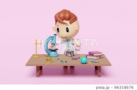 3d miniature cartoon boy character with science experiment kit,  microscope, desk in lab isolated on pink background. room innovative education concept, 3d render illustration 96358676