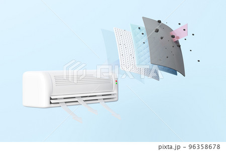 3d air conditioner with air filter layer and ventilate shows, dust filter layer for face mask, air purifier, prevents vapors, odors from chemicals, virus, 3d render illustration 96358678