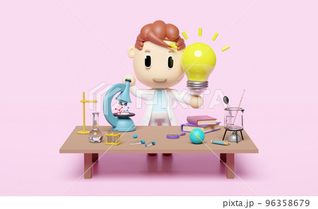 miniature cartoon boy character hand hold light bulb 3d with science experiment kit,  microscope, desk in lab isolated on pink.idea tip education, knowledge creates ideas, elearning concept, 3d render 96358679