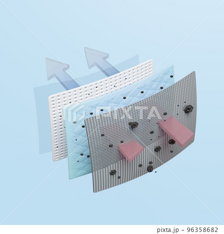 air filter layer and ventilate shows 3d, dust filter layer for face mask, air purifier, prevents vapors and odors from chemicals, virus, 3d render illustration 96358682