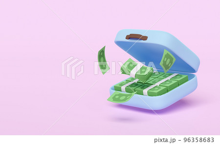 3d pile dollar banknote in blue suitcase isolated on pink background. economic movements or business finance, loan concept, 3d render illustration 96358683