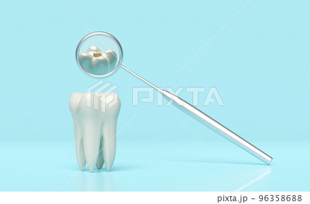 dental molar teeth model icon check for cavities 3d with dentist mirror isolated on blue background. health of white teeth, dental examination of the dentist, 3d render illustration 96358688