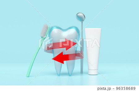 dental molar teeth model 3d icon with red spiral arrow, toothbrush, toothpaste tube, dentist mirror isolated on blue background. dental examination of the dentist, tooth protection, 3d render 96358689