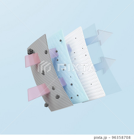 3d air filter layer and ventilate shows, dust filter layer for face mask, air purifier, prevents vapors and odors from chemicals, virus, 3d render illustration 96358708