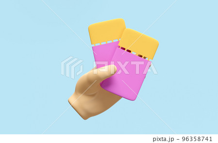 3d hands hold ticket booking cinema, theatre, concert, play, party, event, festival, sky train, airplane isolated on pink background. 3d render illustration 96358741