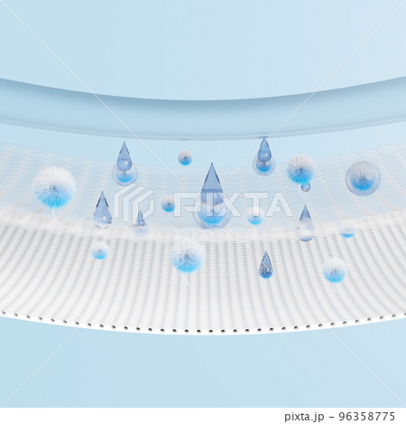 3d synthetic fiber hair absorbent layer with sanitary napkin, ventilate shows water droplets for diapers, baby diaper adult concept, 3d render illustration 96358775