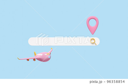 3d search bar blank and magnifying glass, pin with airplane ticket booking, summer travel service, planning traveler's tourism isolated on blue background. 3d render illustration 3d search bar blank and magnifying glass, pin with airplane ticket booking, summer travel service, planning traveler's tourism isolated on blue background. 3d render illustration 96358854