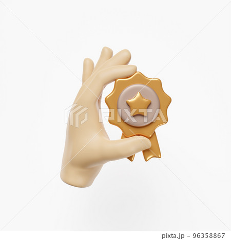 hands hold winner medal 3d, golden quality guarantee ribbon icon isolated on white background. premium quality ribbon, minimal concept, 3d render illustration 96358867