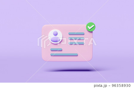 3d Id card icon with check mark isolated on purple background. human resources, plastic card, Job search concept, 3d render illustration 96358930