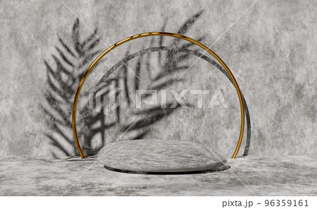 3d stone cube stage podium empty with palm leaf shadow, abstract geometric cosmetic showcase pedestal grey background. minimal modern scene, 3d render illustration 96359161