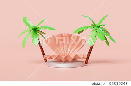3d cylinder stage podium empty with shellfish, coconut palm tree isolated on pink. modern stage display, minimalist mockup, abstract showcase background. Concept 3d render illustration 3d cylinder stage podium empty with shellfish, coconut palm tree isolated on pink. modern stage display, minimalist mockup, abstract showcase background. Concept 3d render illustration 96359243