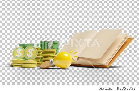 3d yellow light bulb with money banknote, coins stacks 96359358