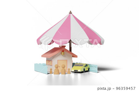 3d house with wooden doll figures family, umbrella, car 3d house with wooden doll figures family, umbrella, car 96359457
