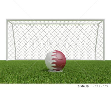 soccer balls in Qatar flags colors on soccer field. 3d rendering soccer balls in Qatar flags colors on soccer field. 3d rendering 96359779