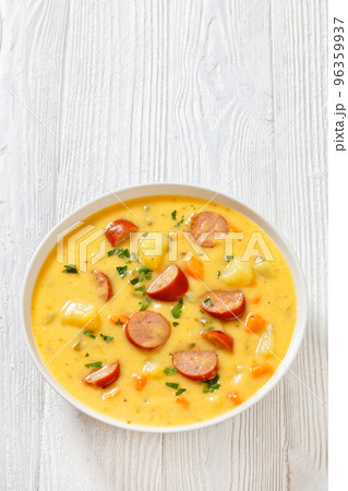 German potato soup with sausages in bowl 96359937