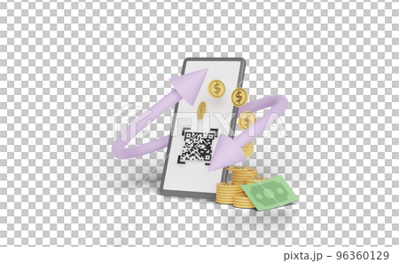 3d mobile phone, smartphone with money banknote, coin, QR code isolated. transfer arrows, cashback, saving money wealth business, cashback money refund concept, 3d render  96360129