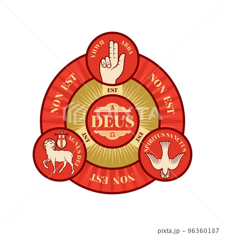 Christian illustration. The magnificent seal of the Holy Trinity: God the Father, God the Son and God the Holy Spirit. Indication of the symbols of the eternity of God - alpha and omega. 96360187