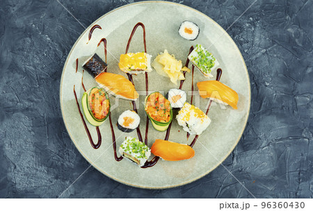 Set of oriental sushi roll, top view Set of oriental sushi roll, top view 96360430