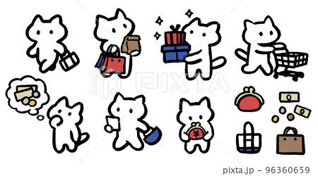 買い物をする猫　ショッピング　プレゼント　お金　シンプルでかわいい装飾イラストセット 96360659