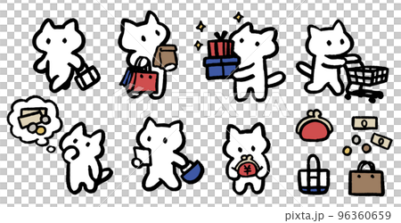 買い物をする猫　ショッピング　プレゼント　お金　シンプルでかわいい装飾イラストセット 96360659