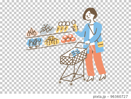 A woman who is wondering whether to buy vegetables _ color 96360727