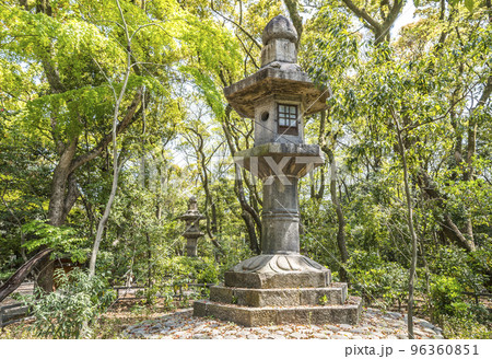 新緑の木々の中石燈籠を見る風景 96360851