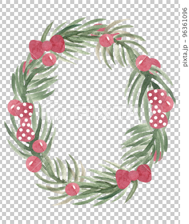 Hand drawn watercolor pine wreath with red bows and confetti. Design for cards, invitations, flyers and other holiday decor 96361096