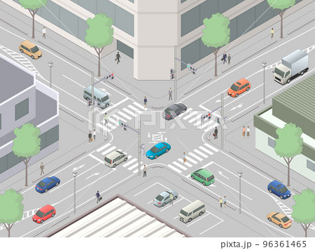 アイソメトリック図法で描いた日本の信号交差点[C]（市街地-01_シンプル） 96361465