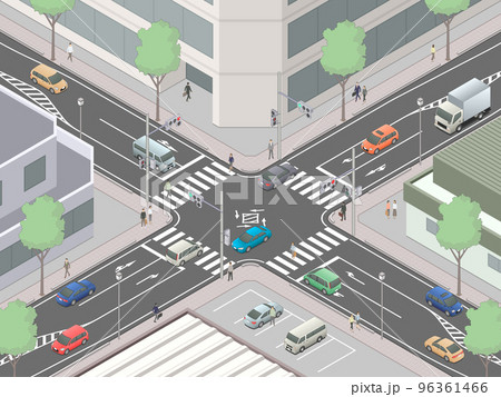 アイソメトリック図法で描いた信号交差点のイメージ[C]（市街地-01） 96361466