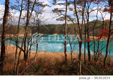 The mysterious Goshikinuma Ponds in Urabandai Fukushima, in Northern Japan, with their many changing colors.  96361654