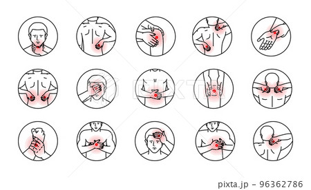 Human body pains in circle set. Arthritis and rheumatism, joint pain illustration. Ache in head, neck, shoulder, knee, chest, wrist, back, elbow. 96362786