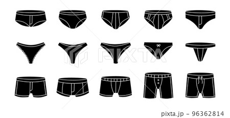 Underpants set. Female and male underpants. Personal underclothing apparel. Classic boxers, trunks, bikini, strings, thong. Black swimwear Underpants set. Female and male underpants. Personal underclothing apparel. Classic boxers, trunks, bikini, strings, thong. Black swimwear 96362814