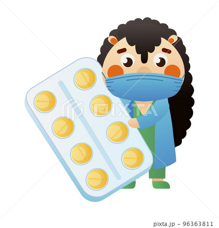 Cute hedgehog doctor wearing mask and holding pills, Cute hedgehog doctor wearing mask and holding pills, 96363811