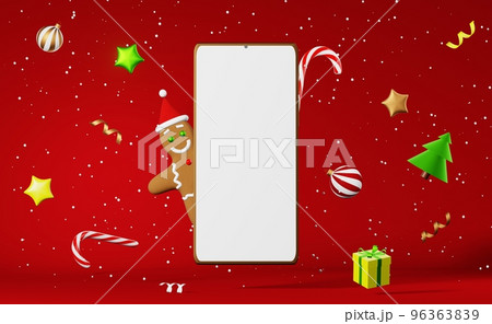 Smartphone mockup Christmas cookie Gingerbread man Santa hat levitating 3d rendering red background. Xmas advertisement. 96363839