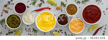 Different types of sauces in bowls Different types of sauces in bowls 96365309