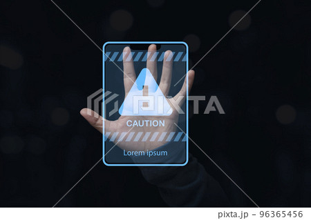 Hand showing stop gesture with caution sign virtual screen. Hand showing stop gesture with caution sign virtual screen. 96365456
